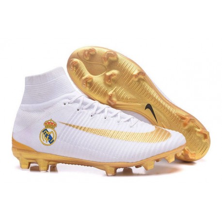 Nike Mercurial Superfly V FG Scarpa Calcio Real Madrid FC Bianco Oro