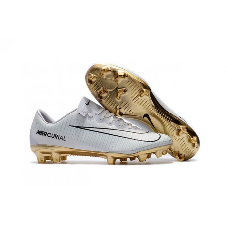 Nuovo Scarpe da Calcio Nike Mercurial Vapor Vitórias XI CR7 FG Bianco Oro